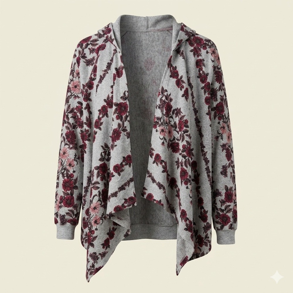 Db Sunday‎ Womens Floral Draped Hooded Cardigan Gray Burgundy S Open Front Soft